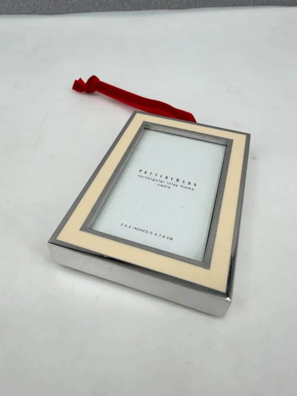 Pottery Barn Rectangular Inlay Mini Frame Silver Plated Red Ribbon 2x3